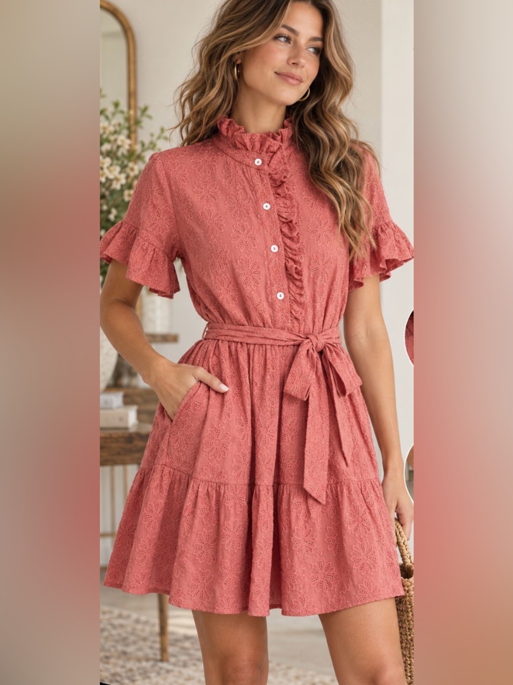 Mille Resort & Travel Dusty Rose Eyelet Mini Dress โ Size S